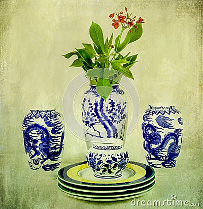 Vintage Chinese Porcelain with Flower Stock Photo