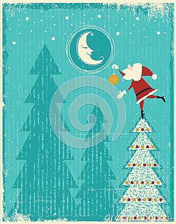 Vintage christmas card with Santa and nice moon.Ve Vector Illustration