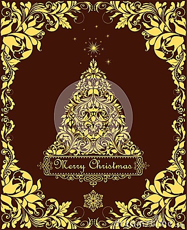 Vintage Christmas card with cut out golden floral decorative border and xmas tree for label, templates, greeting card and other de Vector Illustration