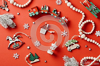 Vintage Christmas composition with festive decor, retro toys, and a wooden train. Cozy and elegant holiday flat lay. Merry Xmas Stock Photo
