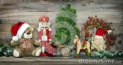 Vintage Christmas decoration Teddy Bear Rocking Horse Nutcracker Stock Photo