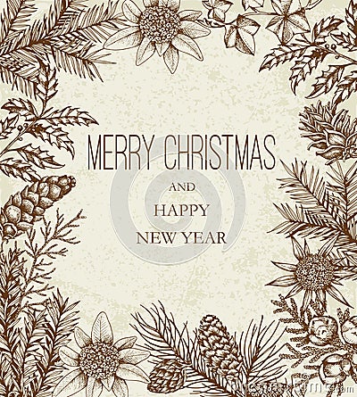 Vintage Christmas floral frame with evergreen plants Vector Illustration