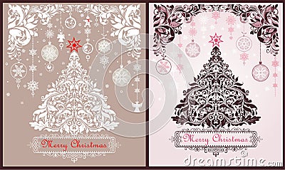 Vintage Christmas greeting cards variation with paper cutting xmas floral tree, floral adornment and hanging decoration with balls Vector Illustration