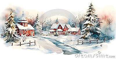 Vintage Christmas New Years greeting card with winter scene in countryside. Watercolor illustration Cartoon Illustration