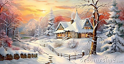 Vintage Christmas New Years greeting card with winter scene in countryside. Watercolor illustration. Houses rooftops in snow Cartoon Illustration