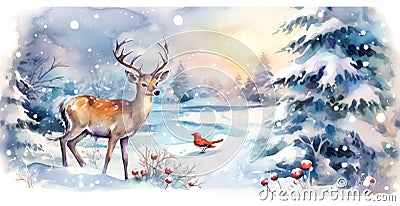 Vintage Christmas New Years greeting card with winter scene in forest with deer red robbin bird fir trees covered with snow. Cartoon Illustration