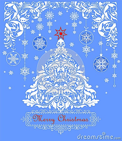 Vintage christmas blue pastel greeting card with paper cutting xmas floral white tree, snowflakes and hanging decoration Vector Illustration