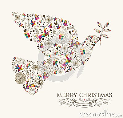 Vintage Christmas peace dove greeting card Vector Illustration