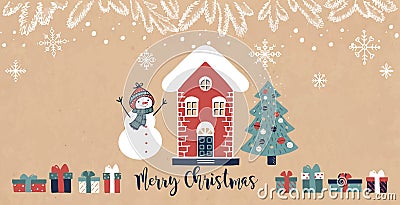 Vintage Christmas postcard with a winter house, snowman, christmas tree and gifts and the inscription MERRY CHRISTMAS Vector Illustration