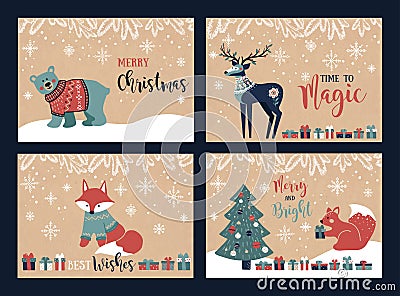 Vintage Christmas postcards with abear, deer, squirrel, christmas tree and gifts and the inscription Vector Illustration