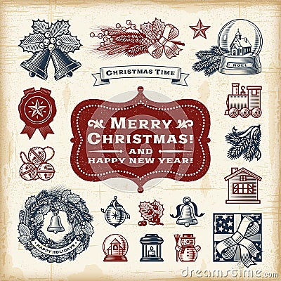 Vintage Christmas Set Vector Illustration