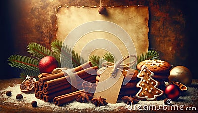 Vintage Christmas Still Life with Cookies and Decorations, AI Generated Stock Photo