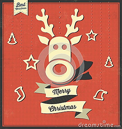 Vintage Christmas Vector Greeting Card - Retro Background Design - Reindeer Cartoon Vector Illustration