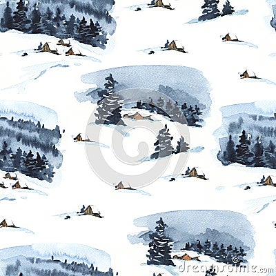 Vintage Christmas watercolor seamless pattern with cozy forest winter landscape Cartoon Illustration