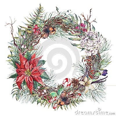 Vintage Christmas Wreath, New Year Decoration Stock Photo