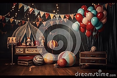 Vintage Circus as photography backdrop balloons and circus items, circus party Stock Photo
