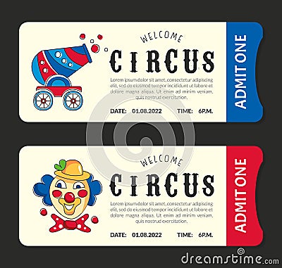 Vintage circus horizontal tickets set. Admit one coupon mention, barcode and text vector Vector Illustration