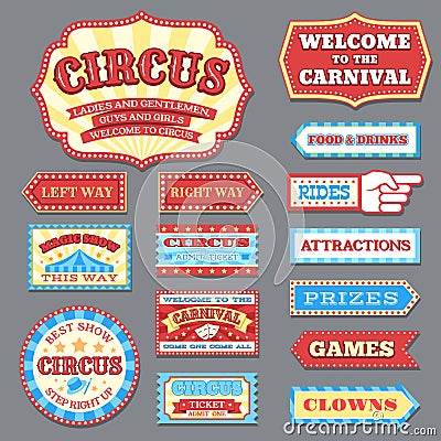 Vintage circus labels and carnival signboards vector collection Vector Illustration