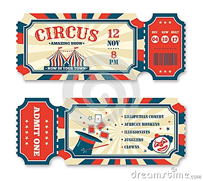 Vintage circus ticket template, old carnival entry tickets. Retro magic show invitation, fairground or amusement park Vector Illustration