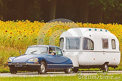 Vintage Citroen DS in front of a field with blooming sunflowers Editorial Stock Photo