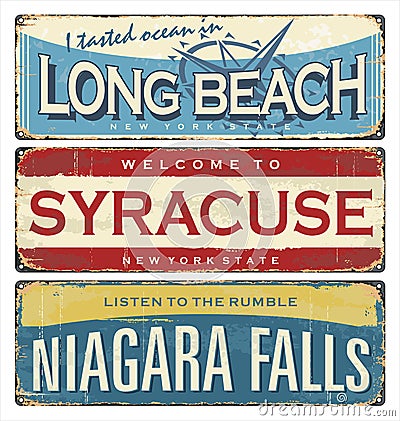 Vintage city mark. Vintage tin sign collection with US cities. Long Beach. Syracuse. Niagara Falls. Vector Illustration