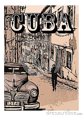 Vintage classic american car in a street of Havana, Cuba Vector Illustration