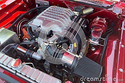 Vintage classic retro car detailed engine parts. Editorial Stock Photo