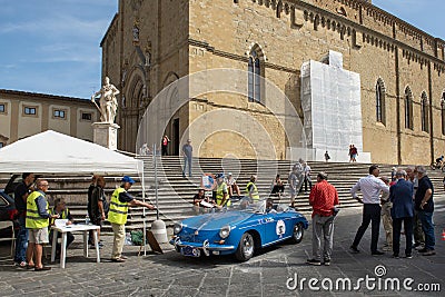 Vintage classic sports car engaged in a regularity competition in Arezzo Editorial Stock Photo