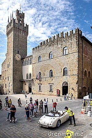 Vintage classic sports car engaged in a regularity competition in Arezzo Editorial Stock Photo