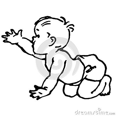 Vintage Clipart 33 Baby in Diaper Crawling and Reaching Out Stock Photo