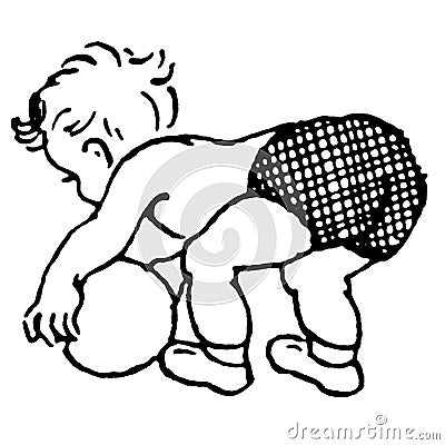Vintage Clipart 49 Baby in Short Picking Up Ball Stock Photo