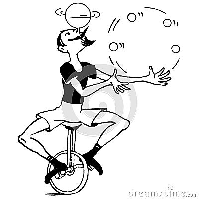 Vintage Clipart 178 Man Juggling on a Unicycle Stock Photo