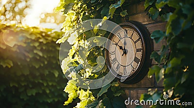 Vintage clock on brick wall, surrounded by green leaves, sunlit scene, rustic, nature, timeless, outdoors, garden Stock Photo