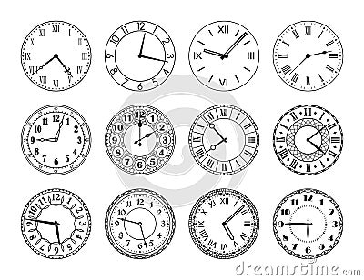 Vintage clock face. Antique classic round clocks with arabic and roman numerals, retro watch face with hour and minute Vector Illustration