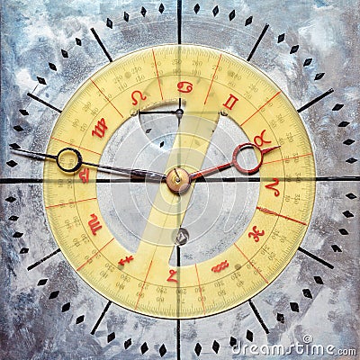 Vintage clock face with astrology / astronomy dial Stock Photo