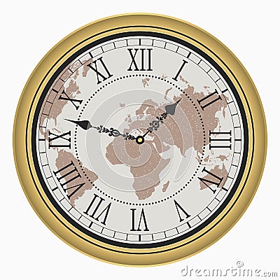 Vintage clock with World map. Antique golden wall clock-face dial with Roman numeral. Vector. Vector Illustration