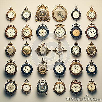 Vintage Clocks Collection as Guardians of History Stock Photo