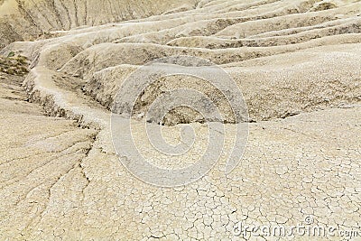 Vintage close-up with dried ground covered with cracks. Dried out creek bed over arid area of sparse rainfall and drought Stock Photo