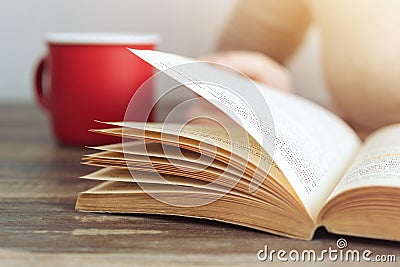 Vintage close up of an old open book with yellow pages. Avid reader, bookworm concept Stock Photo