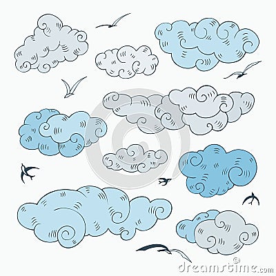 Vintage clouds set. Cartoon Illustration
