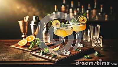 Vintage Cocktails at Twilight: Citrus and Herb Elegance Stock Photo