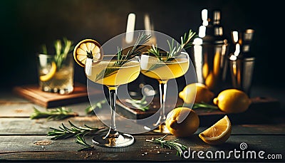 Vintage Cocktails at Twilight: Citrus and Herb Elegance Stock Photo