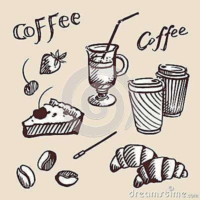 Vintage coffee, croissants and fruit. Vector Illustration