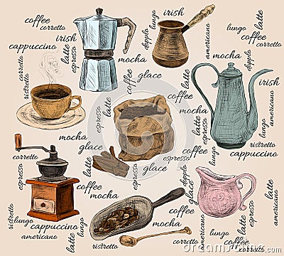Vintage coffee handdrawn set Vector Illustration