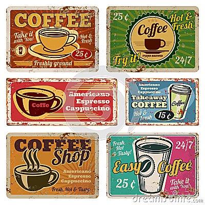 Vintage coffee shop and cafe metal vector signs in old 1940s style Vector Illustration