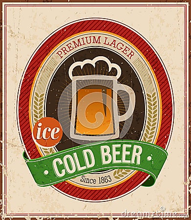 Vintage Cold Beer Poster. Vector Illustration