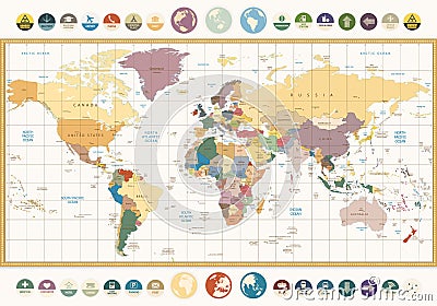 Vintage color political World Map with round flat icons and glob Vector Illustration