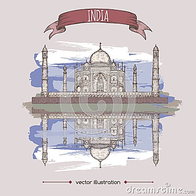 Vintage color travel illustration with Taj Mahal sketch Vector Illustration