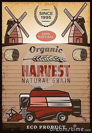 Vintage Colored Agricultural Harvesting Poster Vector Illustration