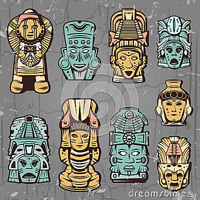 Vintage Colored Aztec Masks Set Vector Illustration